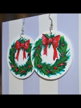 Hand-Painted Red Bow Wreath Earrings - Festive Holiday Drop Earrings